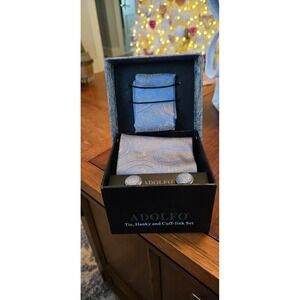 ADOLFO Paisley Silk Tie Pocket Square Cufflinks Set Men Blue Silver NOS